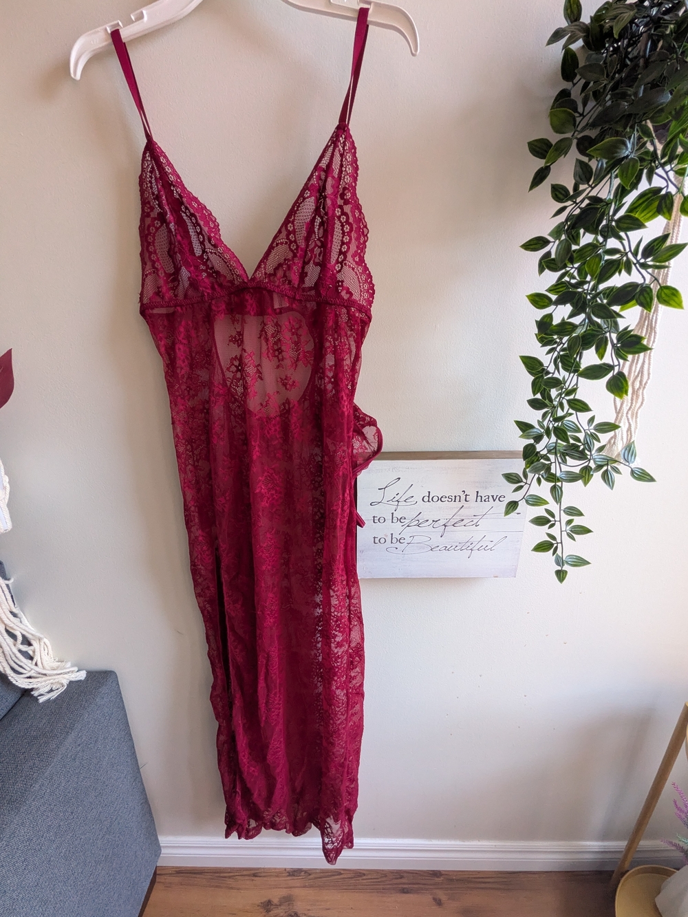 NWOT Sheer Lace Burgundy Women’s Lingerie With Matching Panty